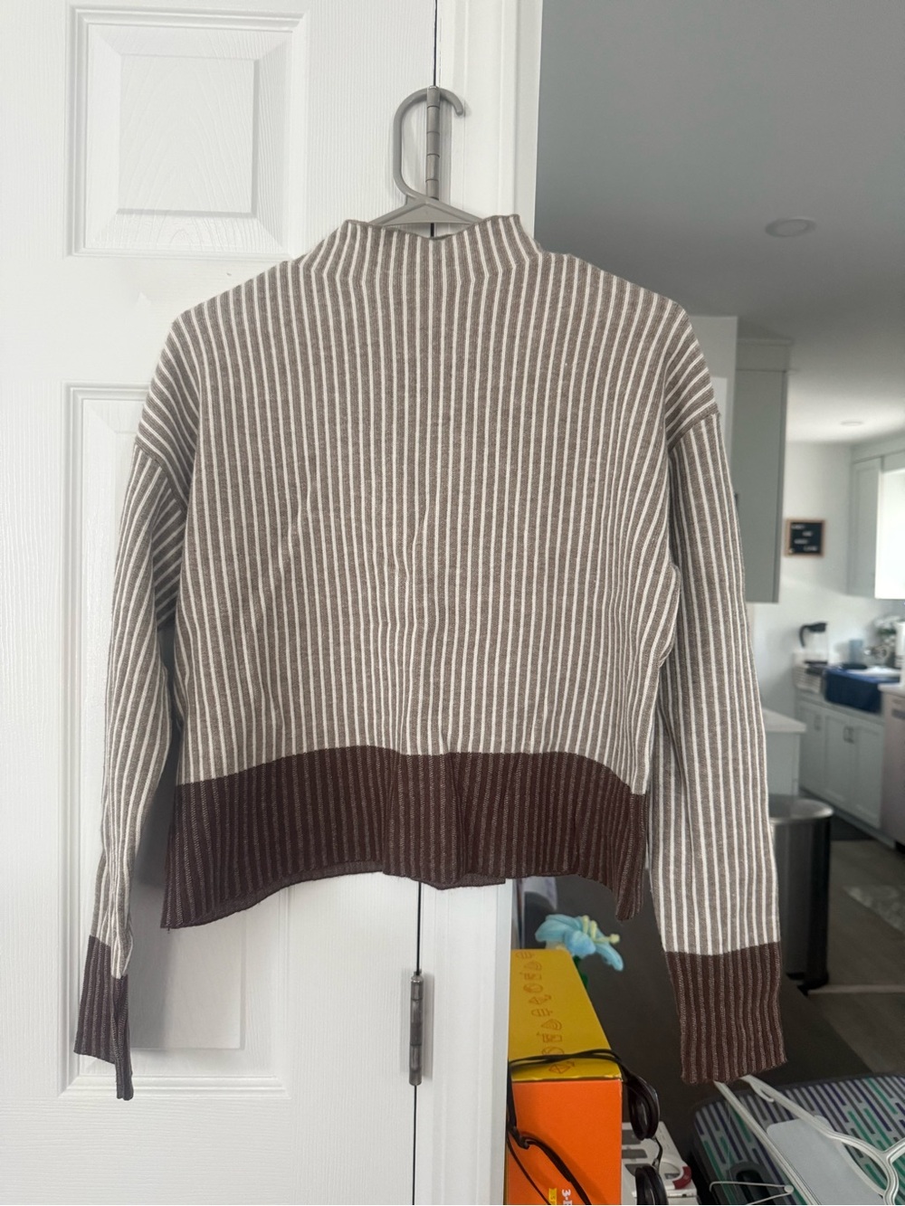 Tahari Beige and Brown Striped Cowl-Neck Sweater